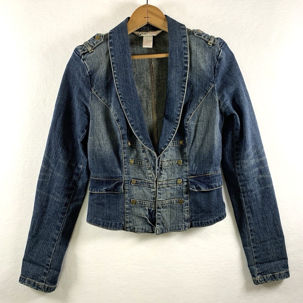VTG Y2K Womens Fitted Military Style Jean Jacket Small Steampunk McBling Denim